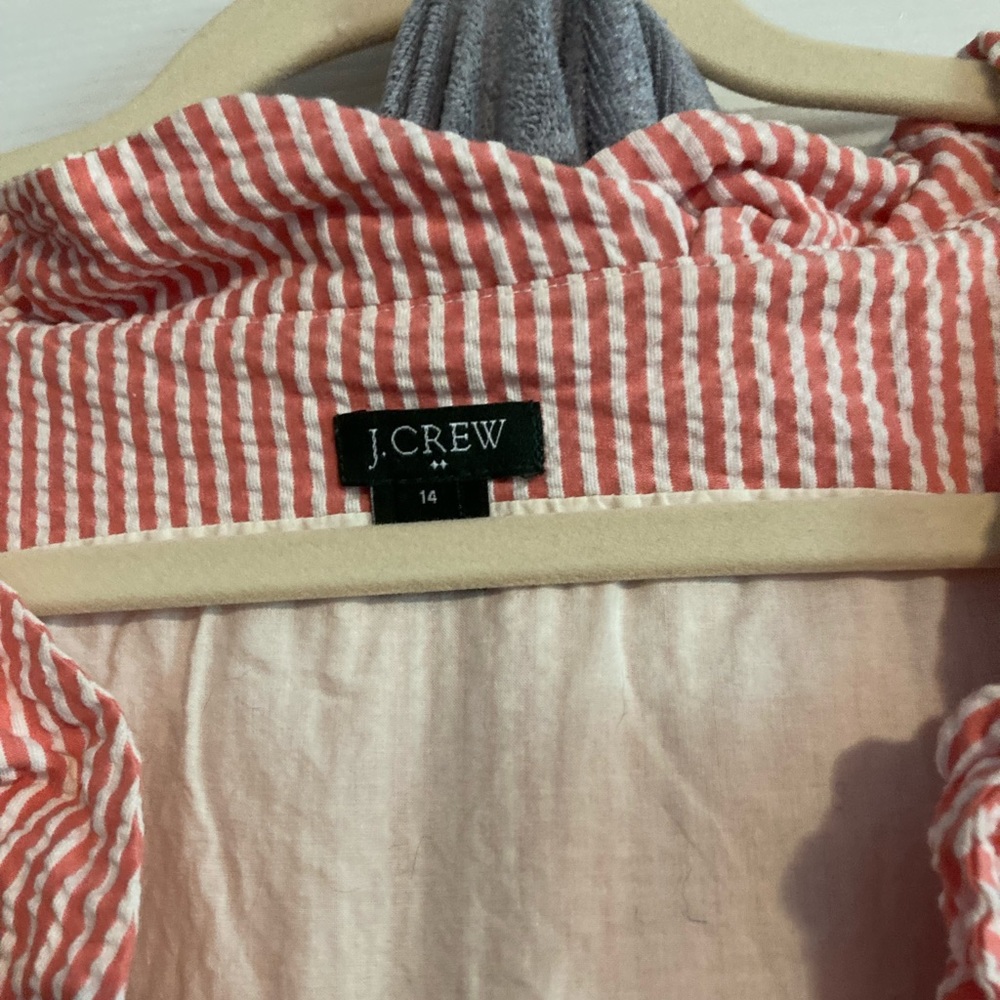 J Crew coral and white seersucker dress with ruffle neck - Picture 2 of 3